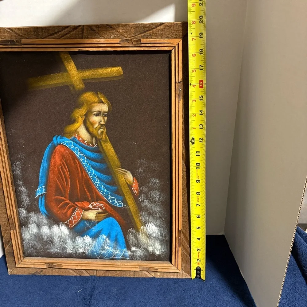 1970s MCM 16X20 Velvet Jesus w/ Cross Painting Mexico Kitsch Art Folk Wall Decor